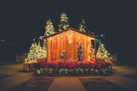A beautifully decorated nativity scene with soft glowing lights.