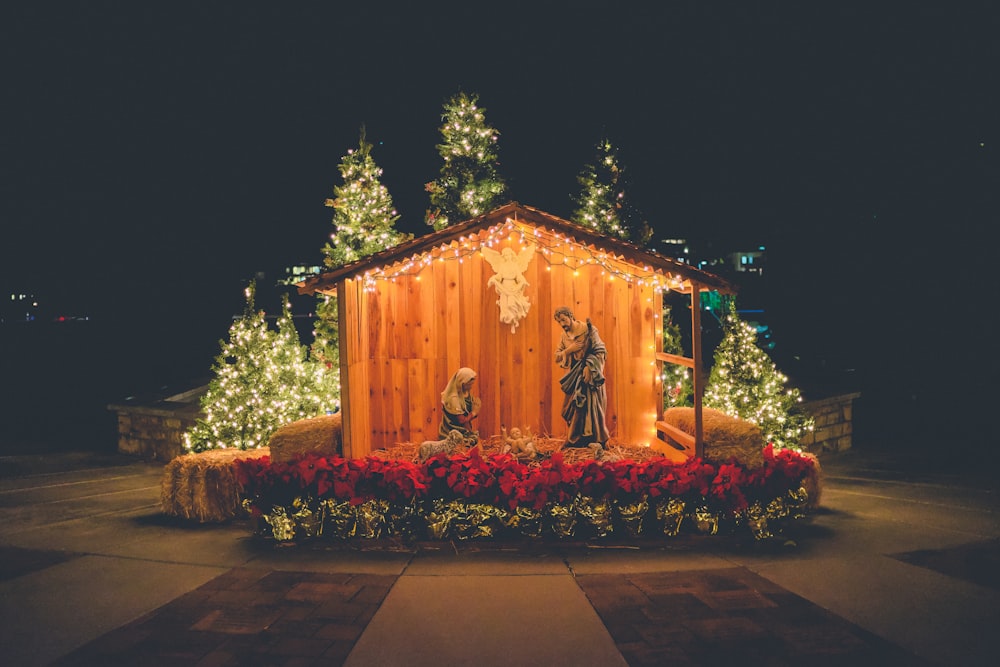 nativity outdoor decor during night time