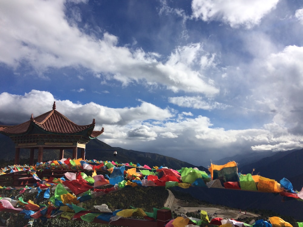 assorted-color textile near pagoda at daytime