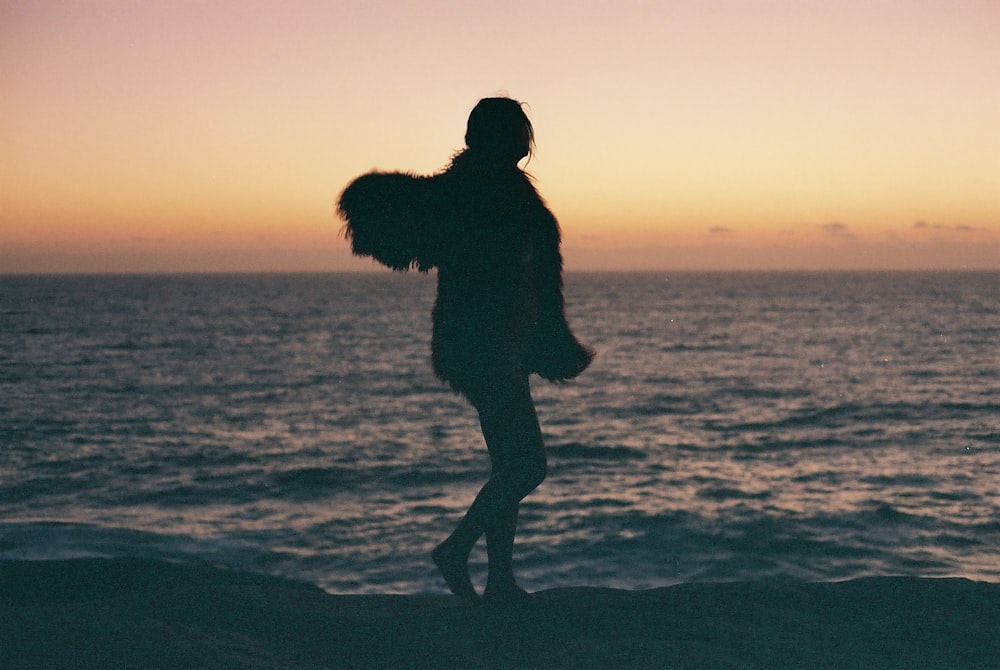 silhouette di persona in piedi vicino alla riva del mare