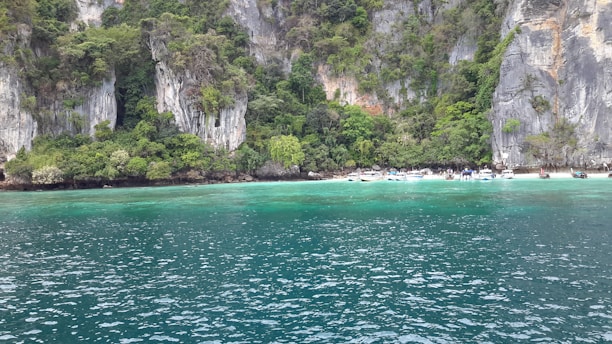 A scenic view of a tropical island with crystal-clear waters and a cruise ship anchored nearby.