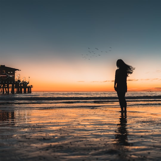 silhouette of woman standing at the seashore with crashing waves during golden hour in Santa Monica Pier United States