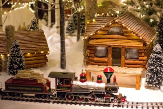 multicolored train toy near house