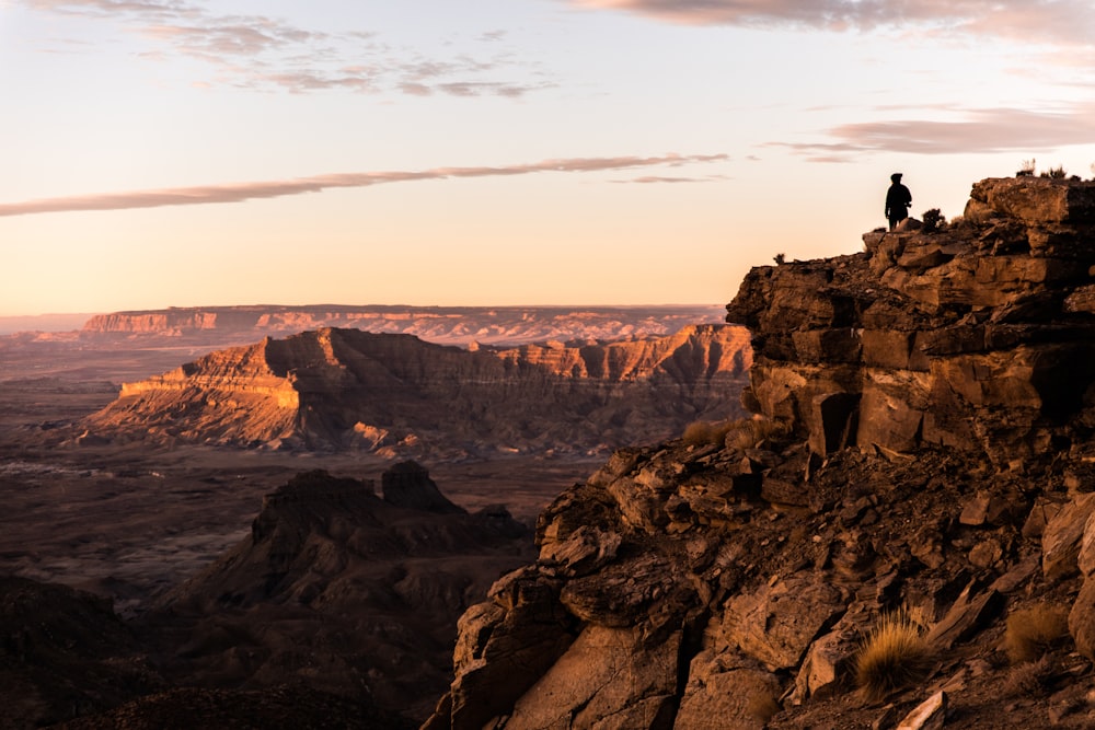 silhouette photo of man standing on top of cliff