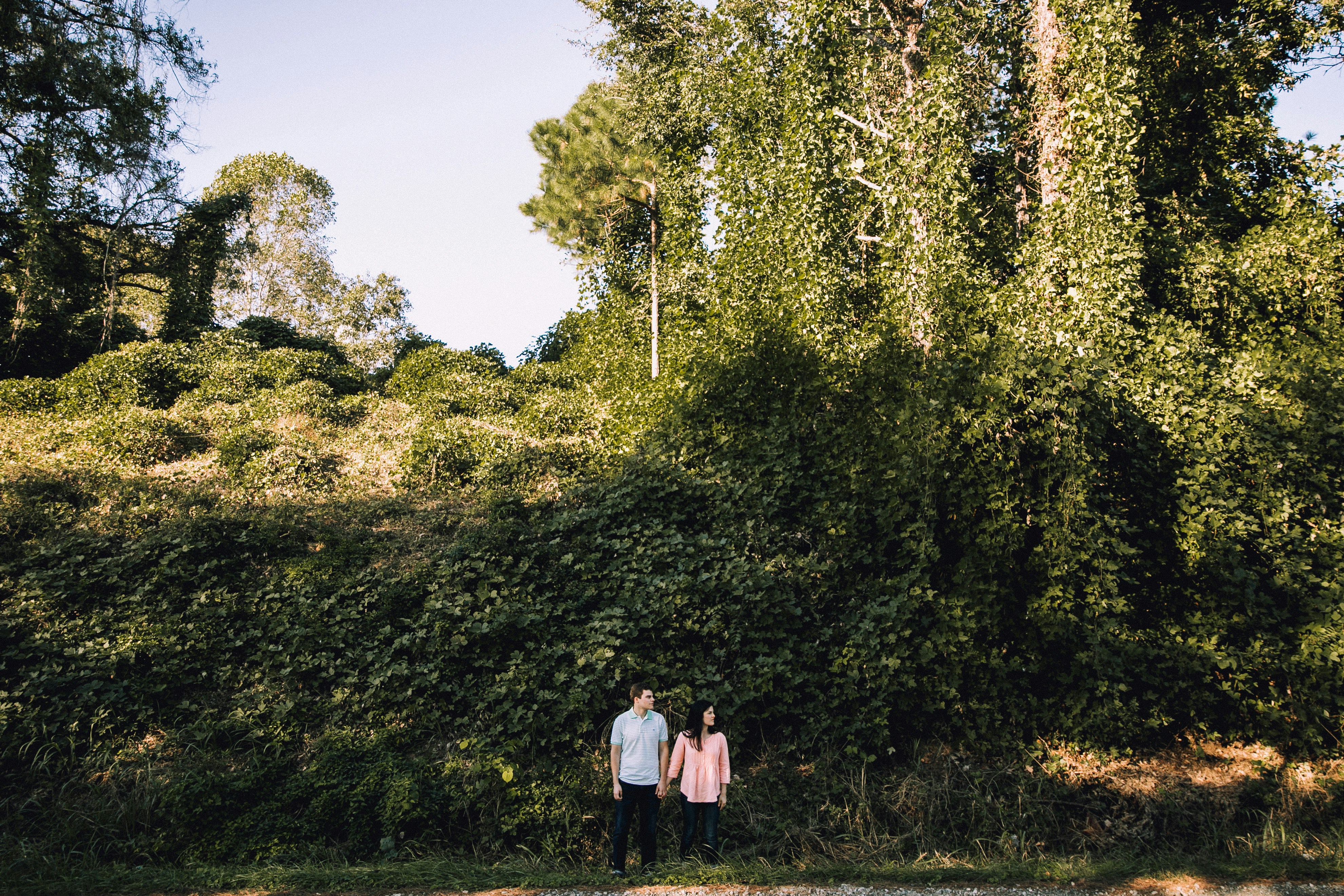 woman and man holding hands in front of tree