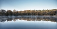 A peaceful morning scene with an RV beside a forest lake reflecting autumn colors.