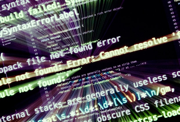 Computer code with error messages highlighted in bold text. Messages like 'Cannot resolve' and 'Error: Module not found' indicate syntax or file-related issues. The text is overlaid on a dark background with a blurred, radial design suggesting urgency or confusion.