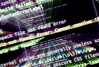 Computer code with error messages highlighted in bold text. Messages like 'Cannot resolve' and 'Error: Module not found' indicate syntax or file-related issues. The text is overlaid on a dark background with a blurred, radial design suggesting urgency or confusion.