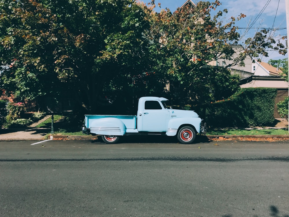 昼間、グリーンツリーの近くに駐車された白いシングルキャブピックアップトラック