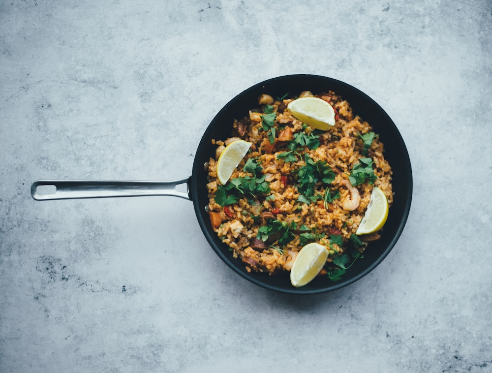 cooked food on grilling pan