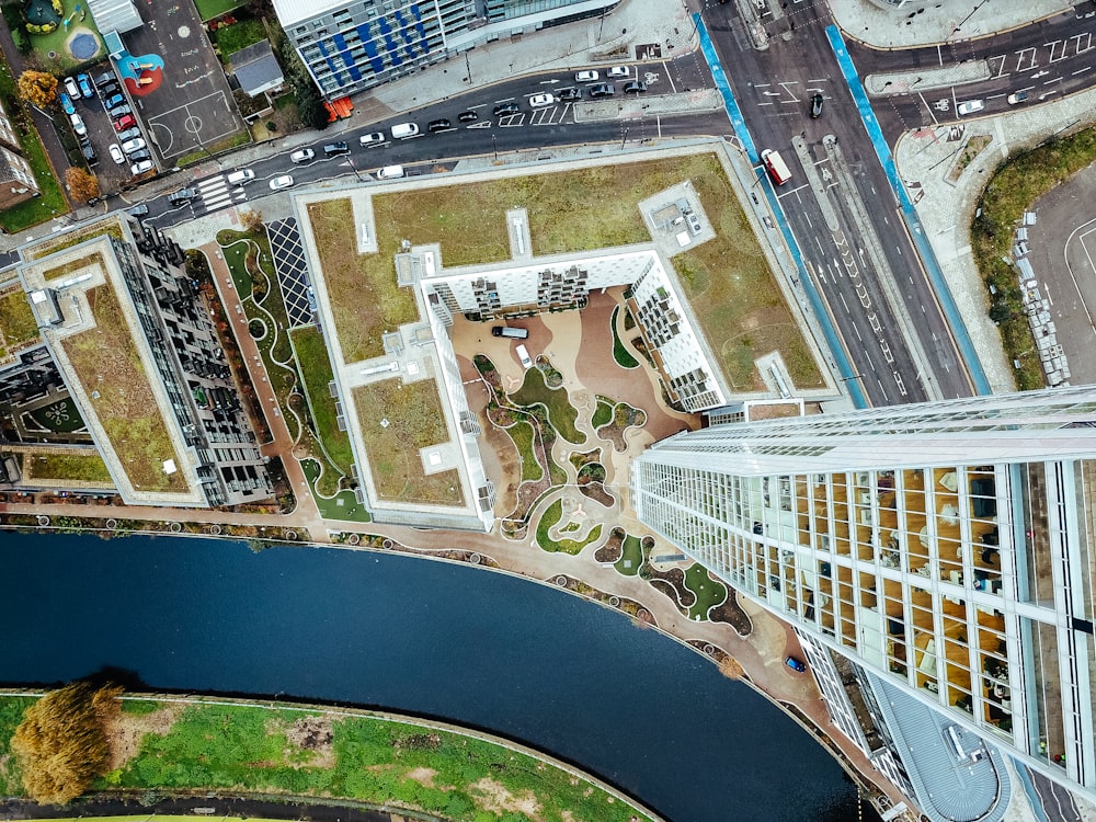 bird's eye view of building next to river