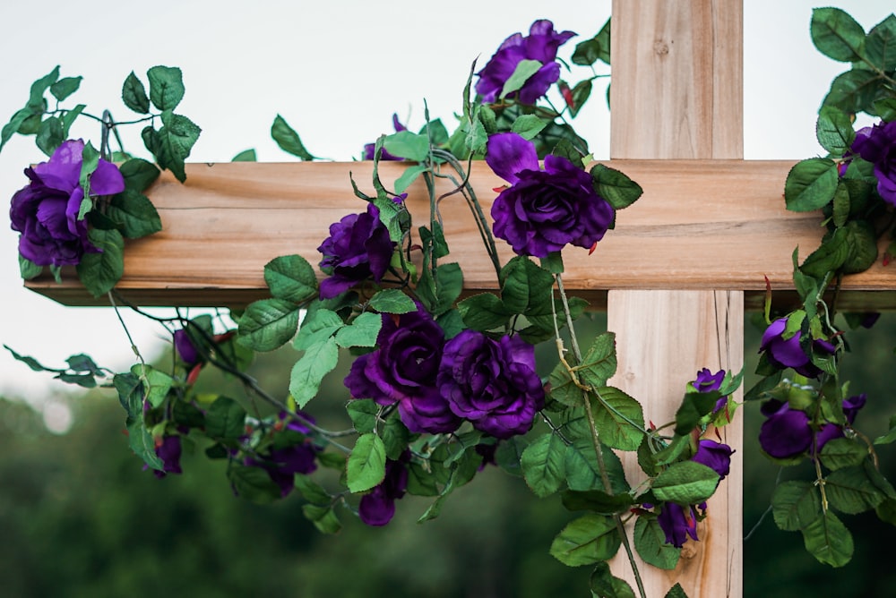 close up photography of purple roses hanging on brown wooden cross