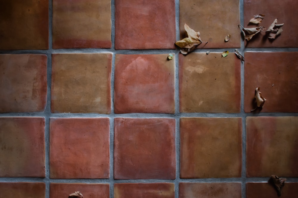 a close up of a tiled wall with leaves on it