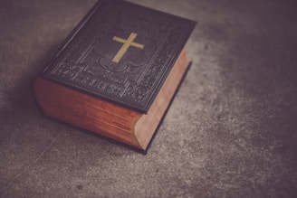 black Bible on gray surface