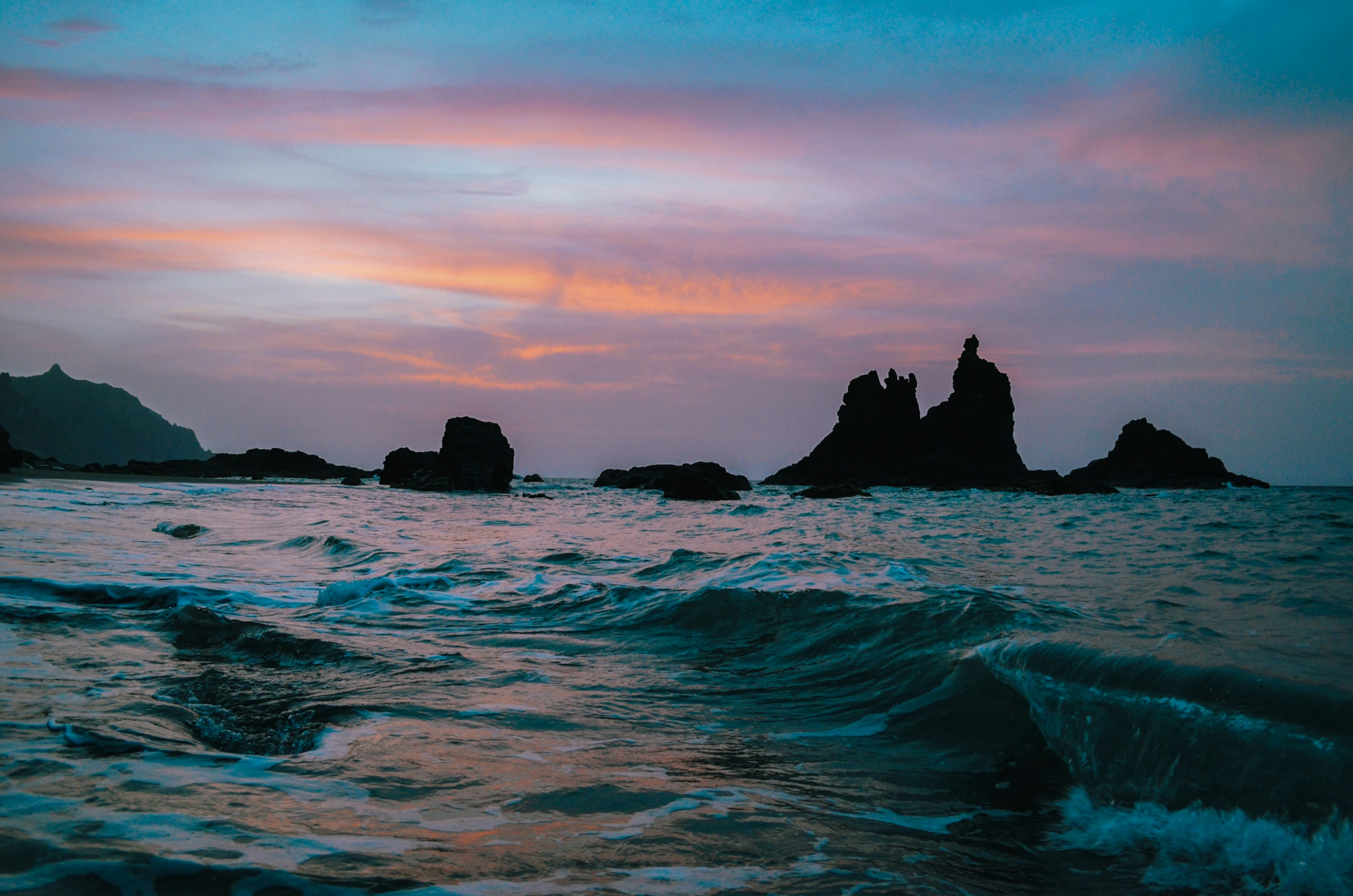 body of water during golden hour, Sunset and waves