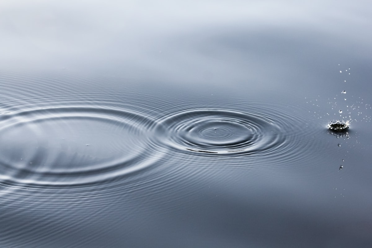Concentric ripples spreading across a calm grey water surface from a single droplet.
