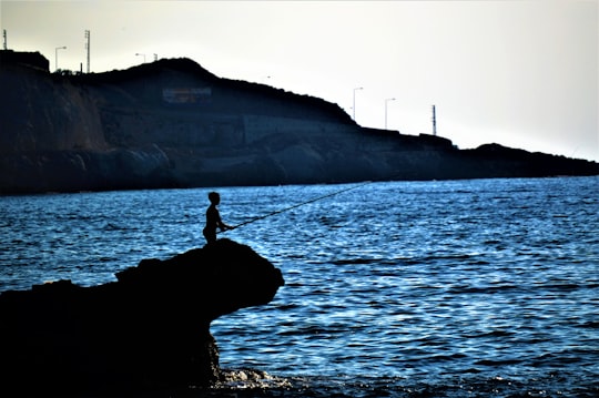 silhouette person fishing while standing on rock formation in Naqoura Lebanon