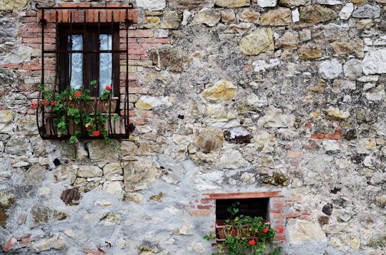 black wooden window panels on brown concrete wall in Tuscany Italy