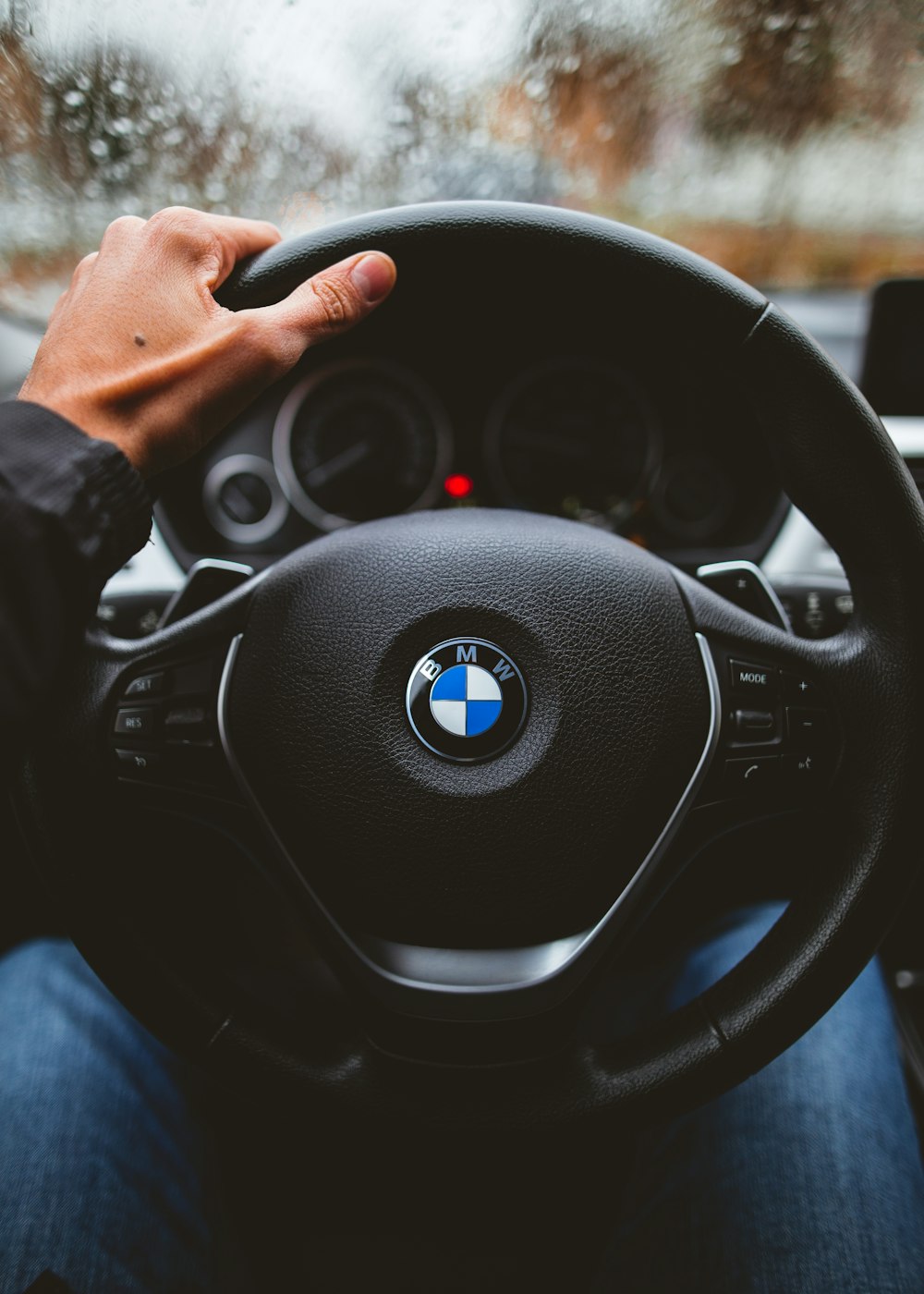 person holding BMW vehicle steering wheel