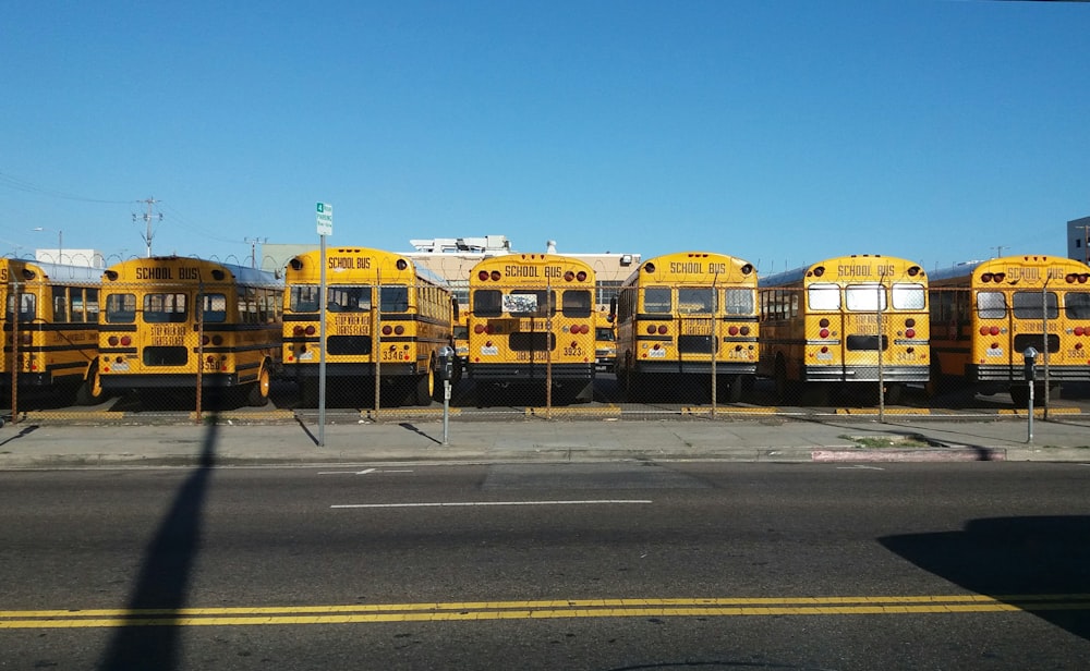 photo of yellow bus park on parking lot