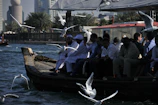 A group of friends laughing on a yacht, with seagulls flying overhead.