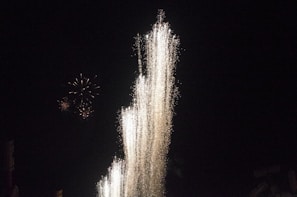 Fireworks exploding over the carnival grounds, illuminating the joyful faces of attendees.