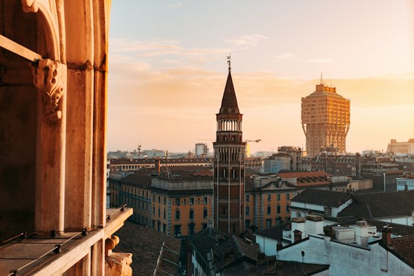 Brown and blue concrete buildings — Milan, Italy