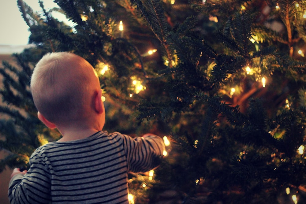 boy wearing gray shirt standing near christmas tree