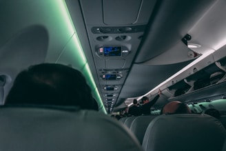 A view of an airplane cabin with overhead compartments and seats visible. Passengers are seated, and some individuals are standing or moving in the aisle. The lighting is dim with a soft green hue, contributing to a calm ambiance.