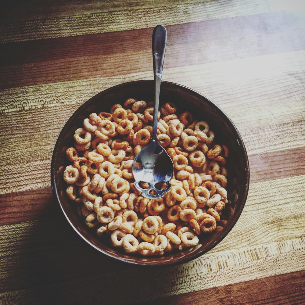 cereal dish on brown wooden surface