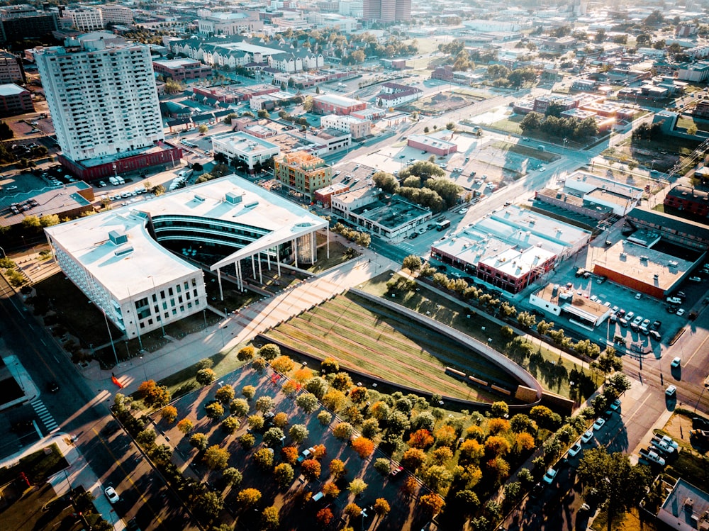 an aerial view of a city with tall buildings