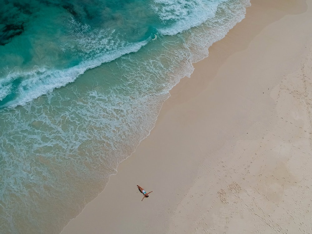 Fotografía a vista de pájaro de una persona cerca de un cuerpo de agua