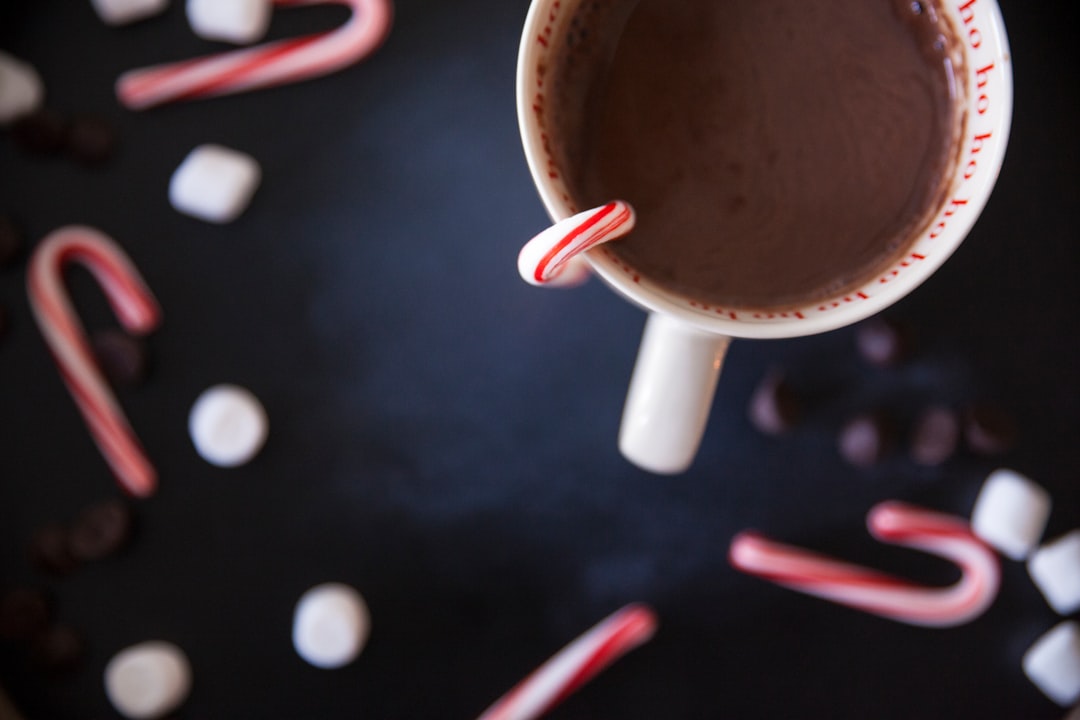 white ceramic mug with chocolate and candy cane