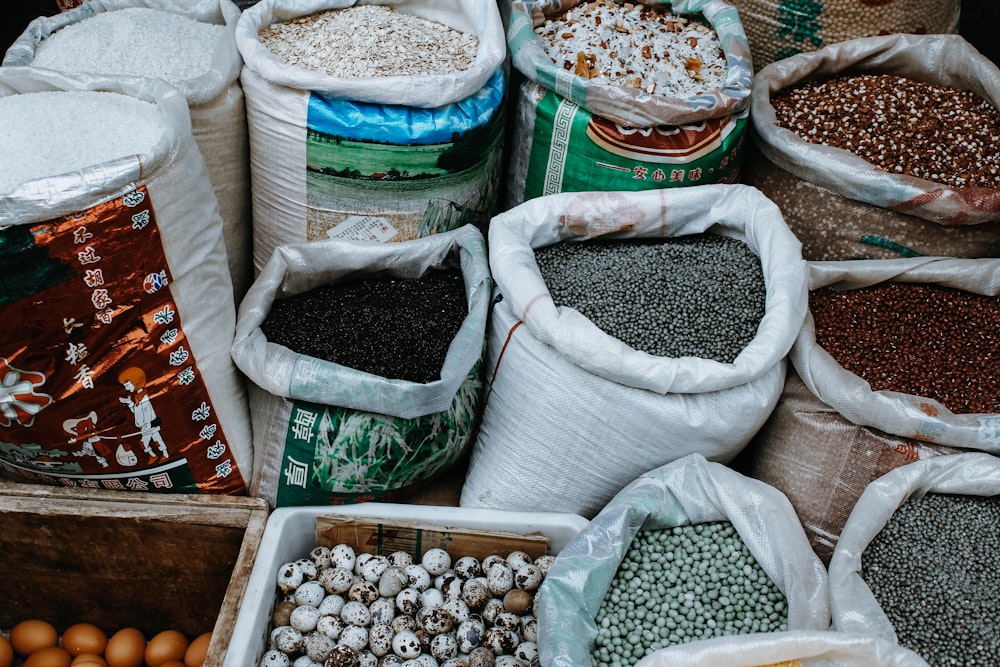 assorted labeled sacks