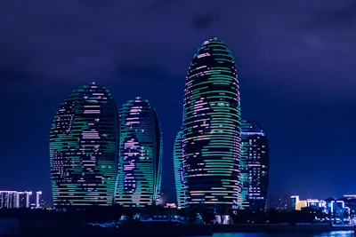 Futuristic residential buildings with interactive 3D effects and glowing lights.