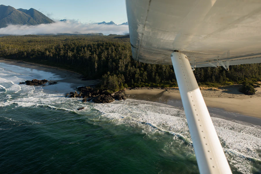 Aerial photograph of Tofino's coastline and forested shores taken from a floatplane window