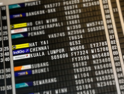 flight board highlighting Hat Yai, Chennai, and Kuala Lumpur