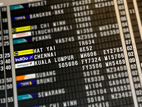 flight board highlighting Hat Yai, Chennai, and Kuala Lumpur