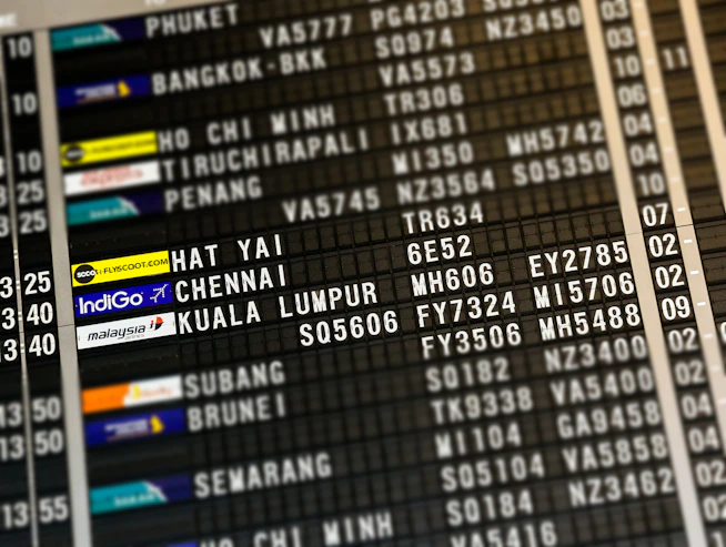 flight board highlighting Hat Yai, Chennai, and Kuala Lumpur
