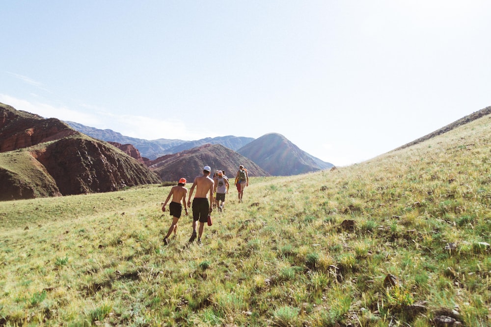 people walking on green grasses beside mountains