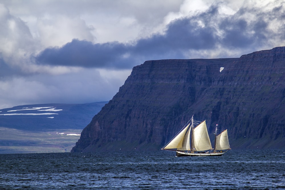 bateau sur plan d’eau sous ciel nuageux peinture