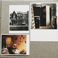 A collage consisting of three photographs on a textured surface. The top-left photo features a row of historic buildings along a canal, captured in black and white. The top-right photo shows a dimly lit, narrow storage room with shelves filled with binders and a small cabinet. The bottom-left photo depicts a cozy bedroom with warm lighting, a bed, a desk with various items, and walls adorned with pictures.