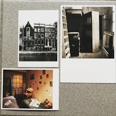 A collage consisting of three photographs on a textured surface. The top-left photo features a row of historic buildings along a canal, captured in black and white. The top-right photo shows a dimly lit, narrow storage room with shelves filled with binders and a small cabinet. The bottom-left photo depicts a cozy bedroom with warm lighting, a bed, a desk with various items, and walls adorned with pictures.