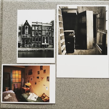 A collage consisting of three photographs on a textured surface. The top-left photo features a row of historic buildings along a canal, captured in black and white. The top-right photo shows a dimly lit, narrow storage room with shelves filled with binders and a small cabinet. The bottom-left photo depicts a cozy bedroom with warm lighting, a bed, a desk with various items, and walls adorned with pictures.