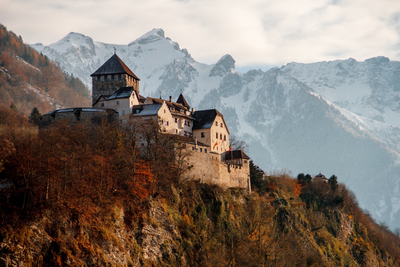 Castle estate nestled in mountain landscape