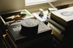 A small smart speaker is positioned on top of a stack of books, with the speaker's distinctive ring and buttons clearly visible. Surrounding the speaker, several other books and albums are scattered, creating a cluttered yet cozy atmosphere. The lighting in the room is dim, with muted colors that suggest a relaxed or contemplative setting.