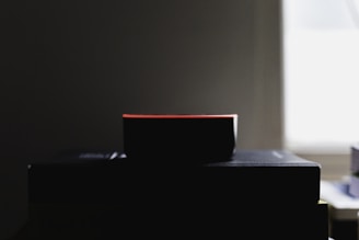 A dark object, likely a smart speaker or small electronic device, is silhouetted against a dimly lit background. The object sits on top of a stack of books or rectangular surfaces near a window emitting soft light.