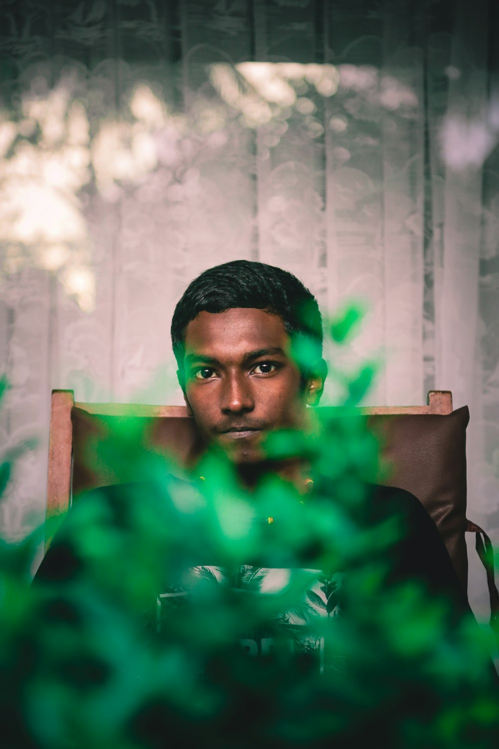 selective focus photography of man sitting on chair front of green leafed plant