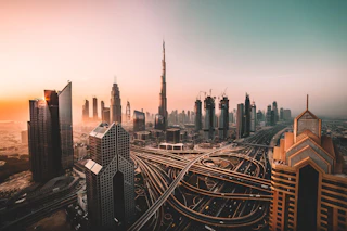 Dubai skyline and airport travel atmosphere at night