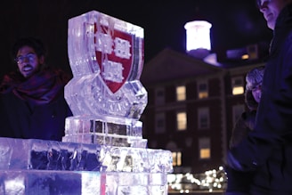 Logos carved in ice displayed at a private celebration.